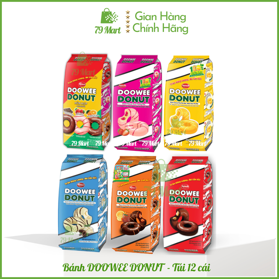 Bánh Doowee Donut phủ socola nhiều vị Hồn hợp/ Dâu/ Cam/ Chocolate/ Phô Mai_Túi gồm 12cái_79 MART