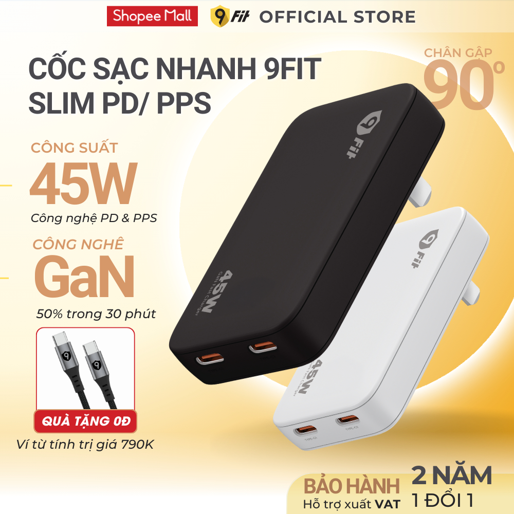 Củ sạc nhanh 45W PD 2C 9Fit Slim GaN cao cấp, 2 cổng dành cho Andoid/IOS - Bảo Hành 2 Năm