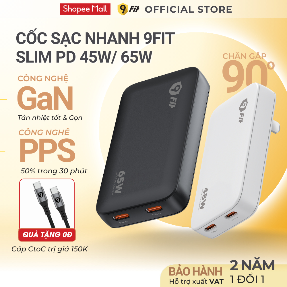 Củ Sạc Nhanh 9Fit Slim GaN 45W/65W 2 Cổng USB-C, Hỗ Trợ PD & PPS, Hàng Chính Hãng, BH 24 tháng