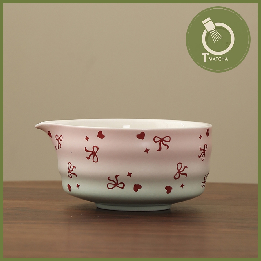 Chawan, Chén sứ pha trà matcha  họa tiết nơ hồng (JJ-33)