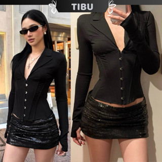  Áo Sơmi Tay Dài Cổ V Dáng Ôm Chiết Eo Corset TIBU Áo Kiểu Nữ Giả Vest Thư Ký Sang Chảnh Đi Chơi Đi Làm Tết Noel A680 