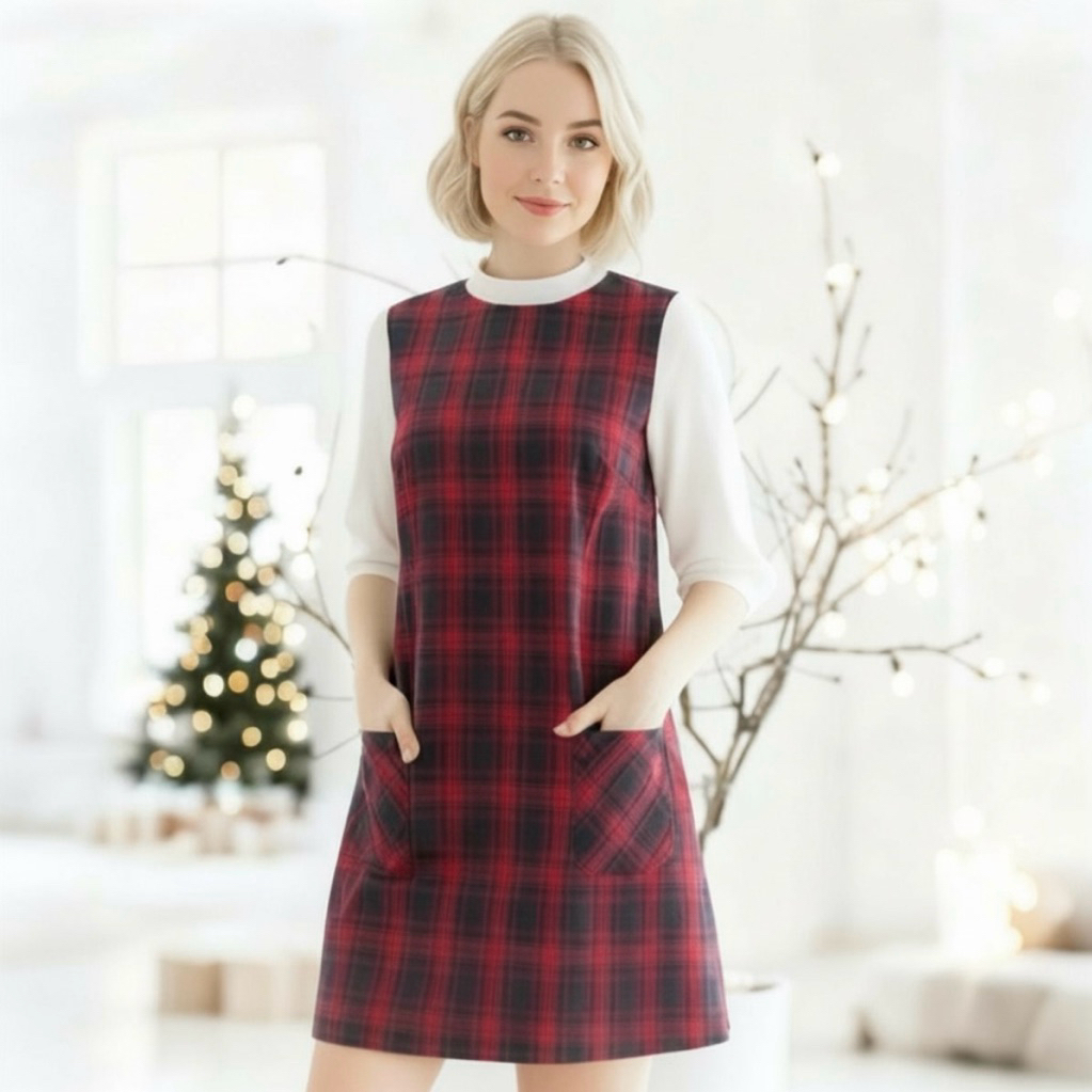 Đầm noel váy chụp hình caro đỏ phối trắng (kèm hình thật)