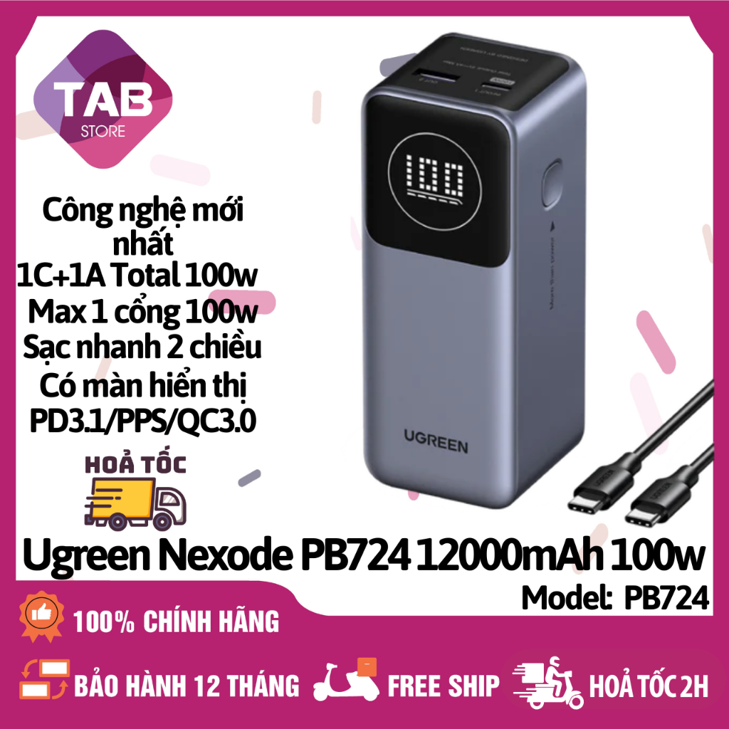 Sạc UGREEN Nexode PB724 12000mAh 100W 2 Cổng Có Màn - Bảo Hành 12 Tháng