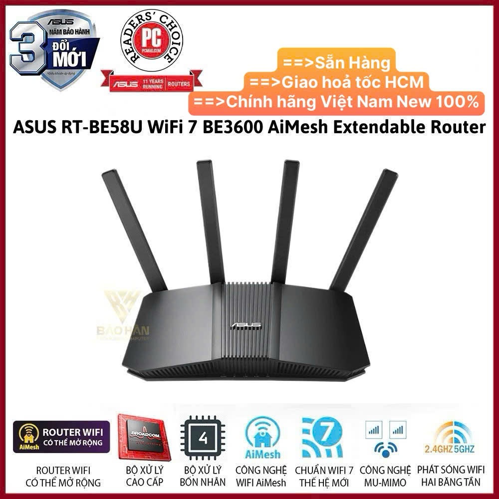 Router Wifi  Asus RT-BE58U WiFi 7 BE3600, Chuẩn WiFi 7 (802.11be) 2 Băng Tần, Mesh Mở Rộng - Hàng Ch