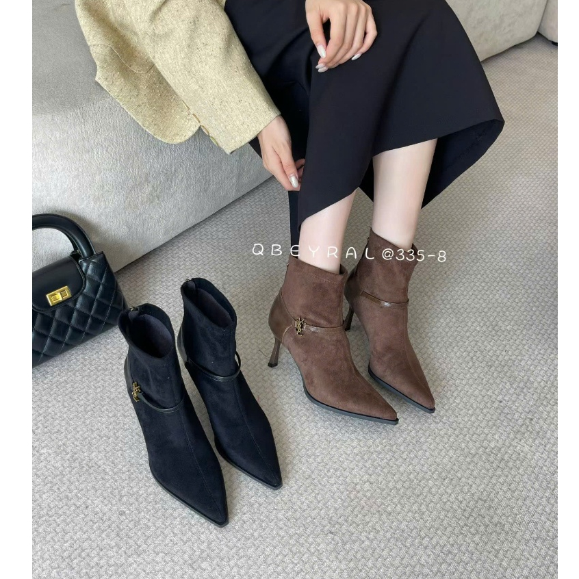 Boot Cổ Ngắn Nữ Mũi Nhọn Gót Nhọn Sang Trọng – Da Lộn Cao Cấp – Màu Đen / Nâu – Boot Thời Trang