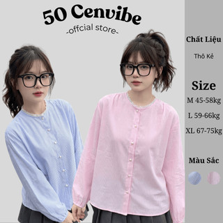  Áo Sơ Mi Cổ Tàu Viền Ren Kẻ Sọc Tay Bồng Có Bigsize 45-75kg Màu Pastel Phong Cách Korea  50 Cents Clothing  #291 