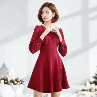 Đầm đỏ noel, chụp hình tết, váy xoè cổ tròn nút bọc (kèm hình thật)