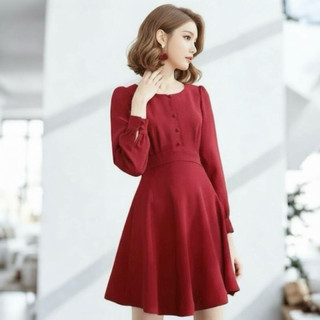 Đầm đỏ noel, chụp hình tết, váy xoè cổ tròn nút bọc (kèm hình thật)