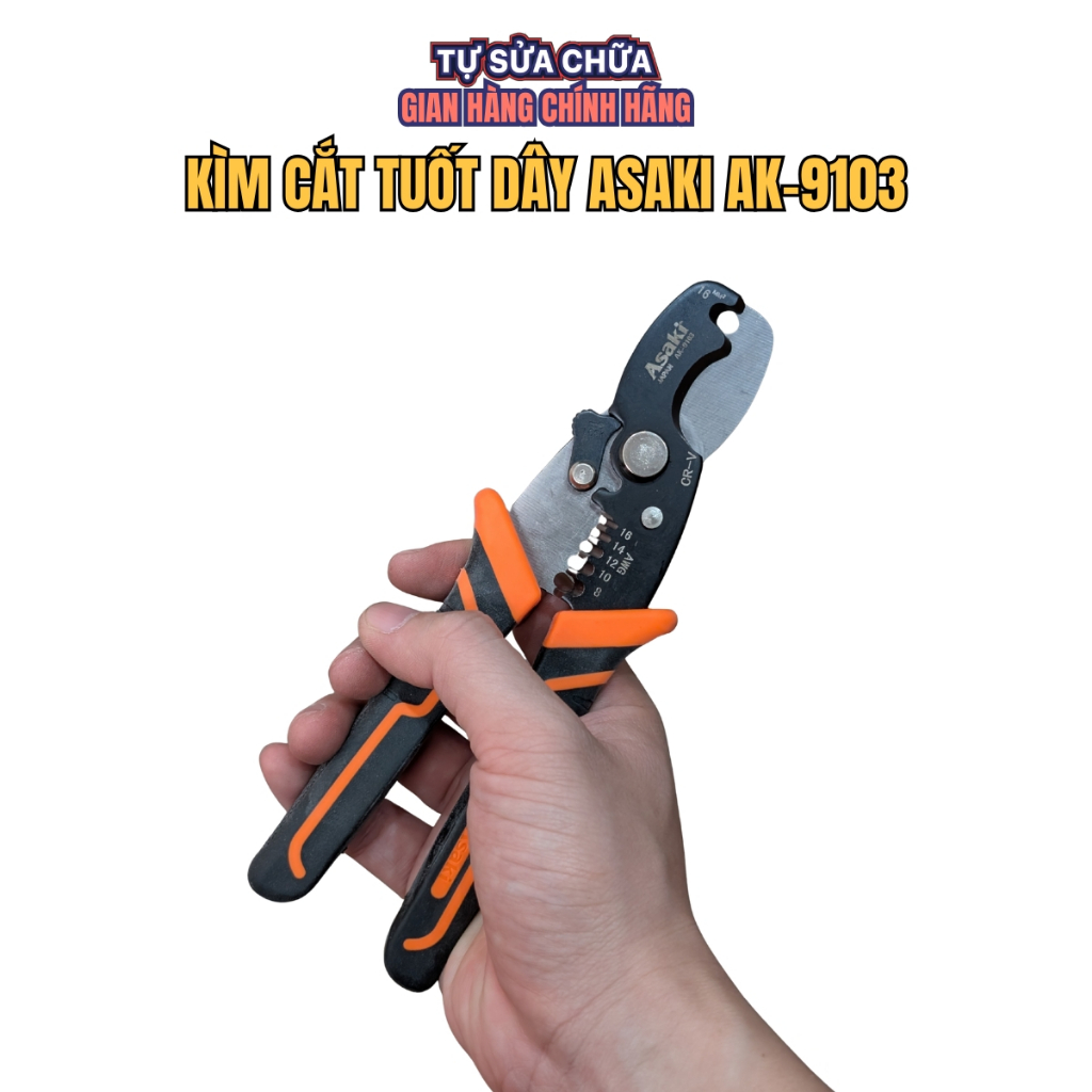 Kìm Tuốt Cắt Dây Điện Đa Năng Asaki AK-9103 (175mm) - Thép Mangan Siêu Bền, Tuốt Lõi AWG 8-16