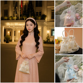 Túi Rút Tay Nữ Hoa Đẹp, Túi Vải Lụa Cổ Điển Thời Trang Vintage, Phong Cách Tiểu Thư Phôi Áo Dài Cực Xinh