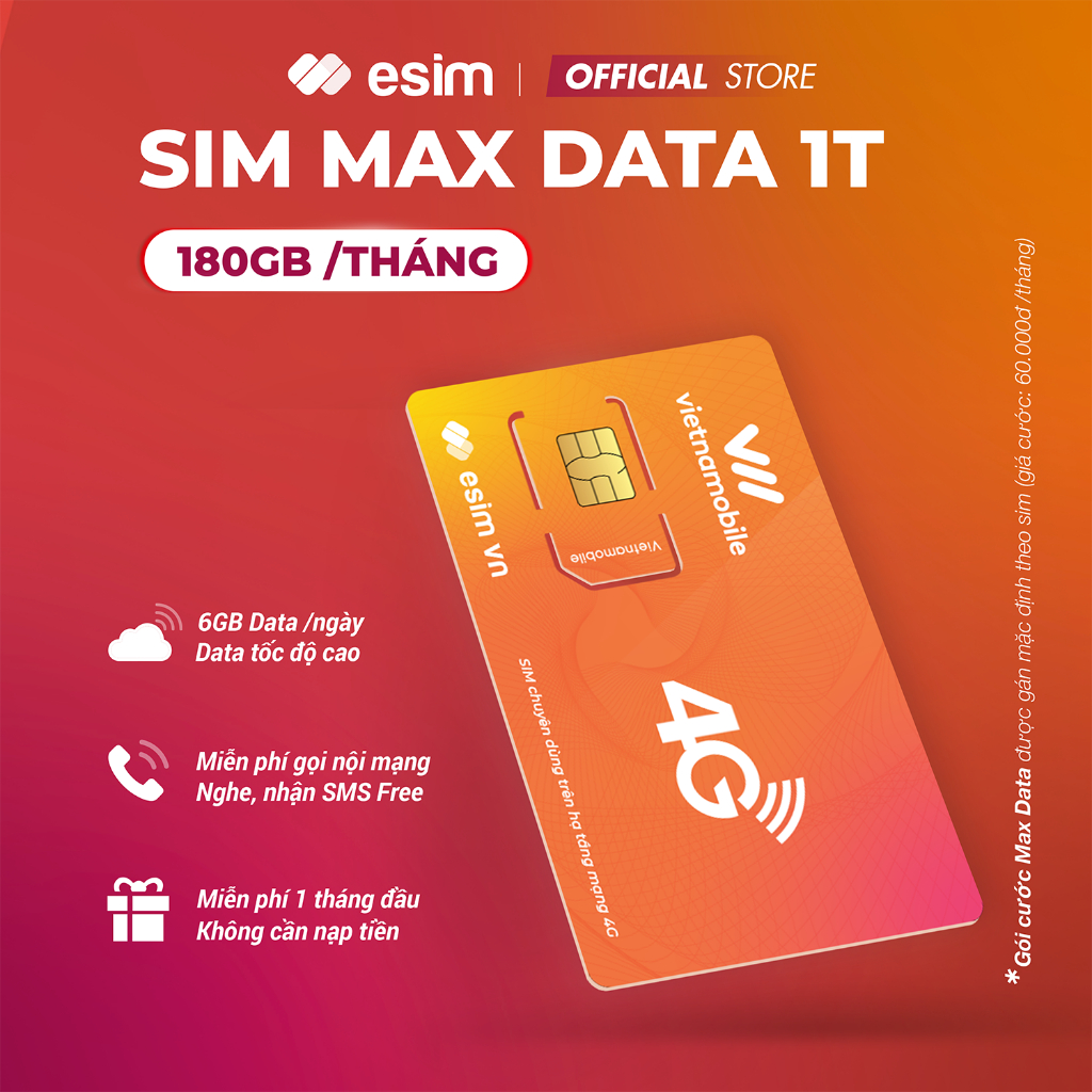 Sim Data 4G Vietnamobile 6GB/Ngày - 180GB/Tháng,Miễn Phí Gọi Nội Mạng. Trọn Gói 1 Tháng. Độc Quyền V