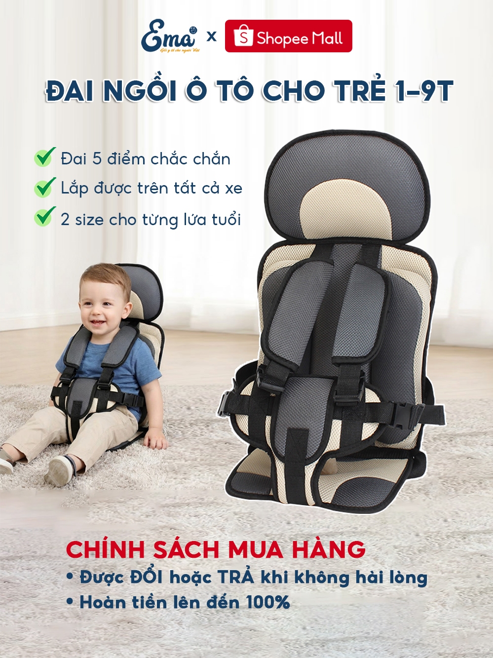 Đai ngồi ghế ô tô cho bé dưới 9 tuổi
