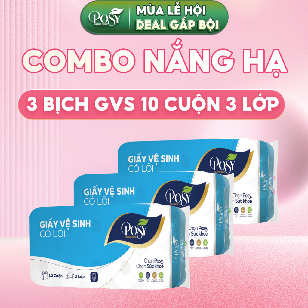 [Live Kol] Combo 3 bịch giấy vệ sinh Posy có lõi hoặc không lõi 10 cuộn 3 lớp