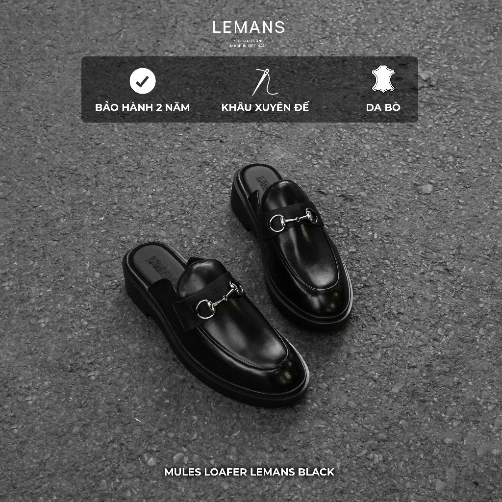 Giày Sục da bò nam LEMANS màu đen SM01.1, Đế thơm tăng cao 4cm, Da bò,  Bảo hành 24 tháng