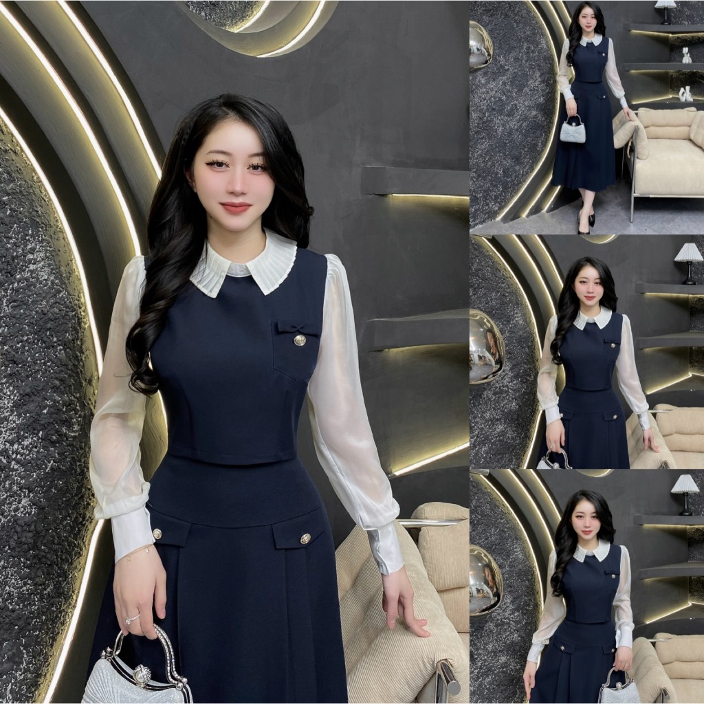 2G175 - Váy Thiết Kế Eviici dành cho nữ, thiết kế liền thân cổ phối tơ xếp ly, nơ liền dáng A xếp ly