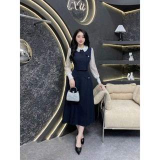  G175 - Váy Thiết Kế Evii dành cho nữ Đầm thiết kế liền thân cổ phối tơ xếp ly nơ liền dáng A xếp ly dài 