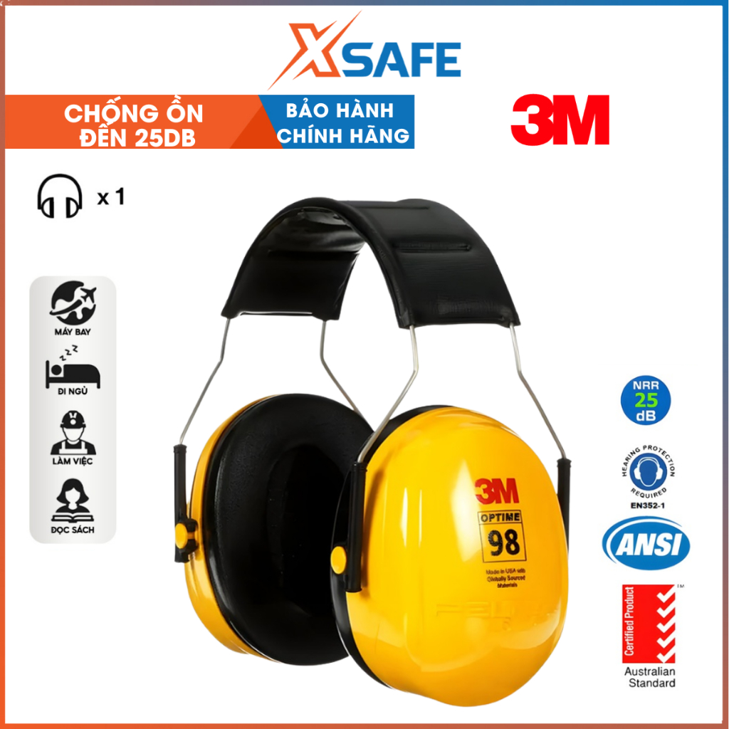 Chụp tai chống ồn 3M H9A đeo qua đầu, độ giảm ồn 25dB, ôm kín khít vành tai người dùng