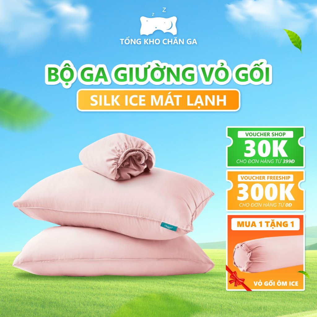 Bộ Ga Gối 3 Món Silk Ice Chagota, Điều Hoà Nhiệt Độ Tốt, Kháng Khuẩn Tự Nhiên 1mx2m-2mx2m2 ( 2 Vỏ Gố