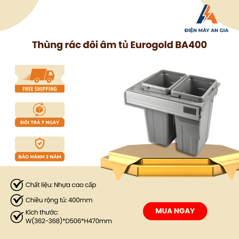 Thùng Rác Đôi Âm Tủ Eurogold BA400 – Ray Hộp Giảm Chấn Cao Cấp – Tiện Lợi, Bền Bỉ – PEB