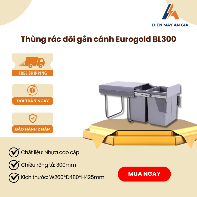 Thùng Rác Âm Tủ 2 Ngăn Eurogold BL300 – Hệ Thống Ray Giảm Chấn Chuyển Động Nhẹ Nhàng, Êm Ái – PEB
