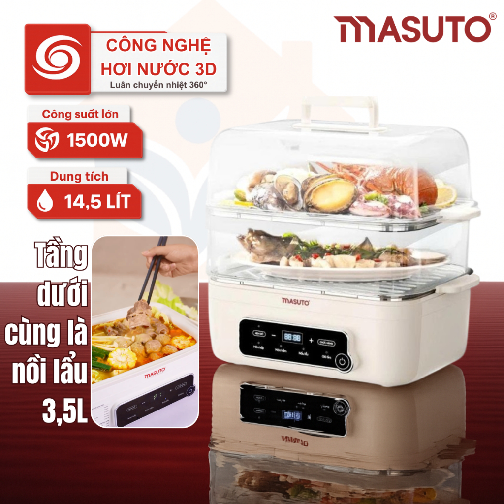 Nồi lẩu hấp 3 tầng đa năng MASUTO MSSteam 14,5L, công suất 1500W hấp gà nguyên con bảo hành 12 tháng