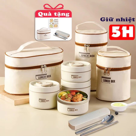 Hộp Cơm Giữ Nhiệt 3–4 Tầng Kèm Túi – Hộp Cơm Văn Phòng Quay Được Lò Vi Sóng, Tặng Bộ Đũa Thìa