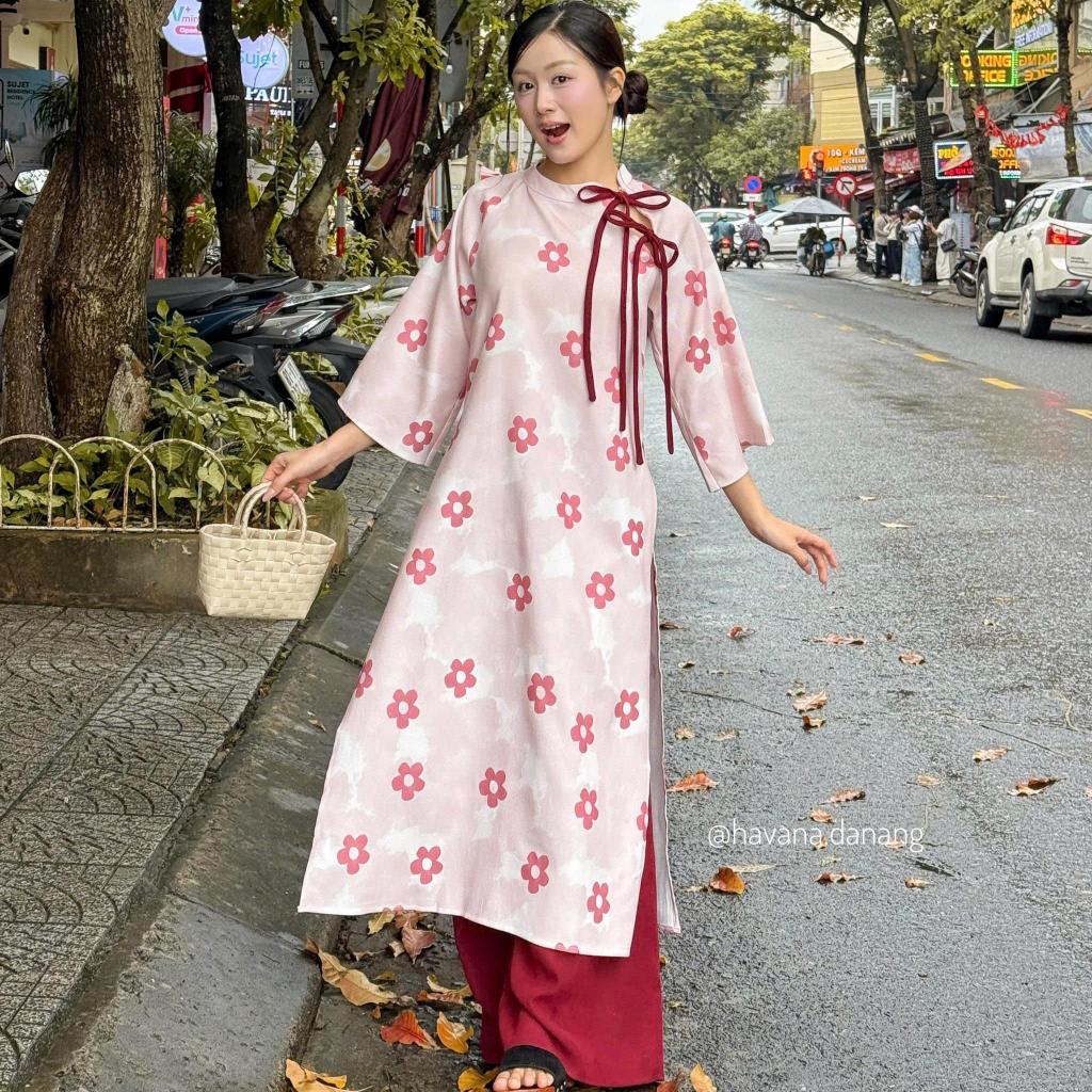 (HAVANA) CÓ BIGSIZE - Áo dài nhung chéo VẬN HÀN in hoa mai phối cutout vai thắt nơ kèm quần nhung AD227 | BigBuy360 - bigbuy360.vn
