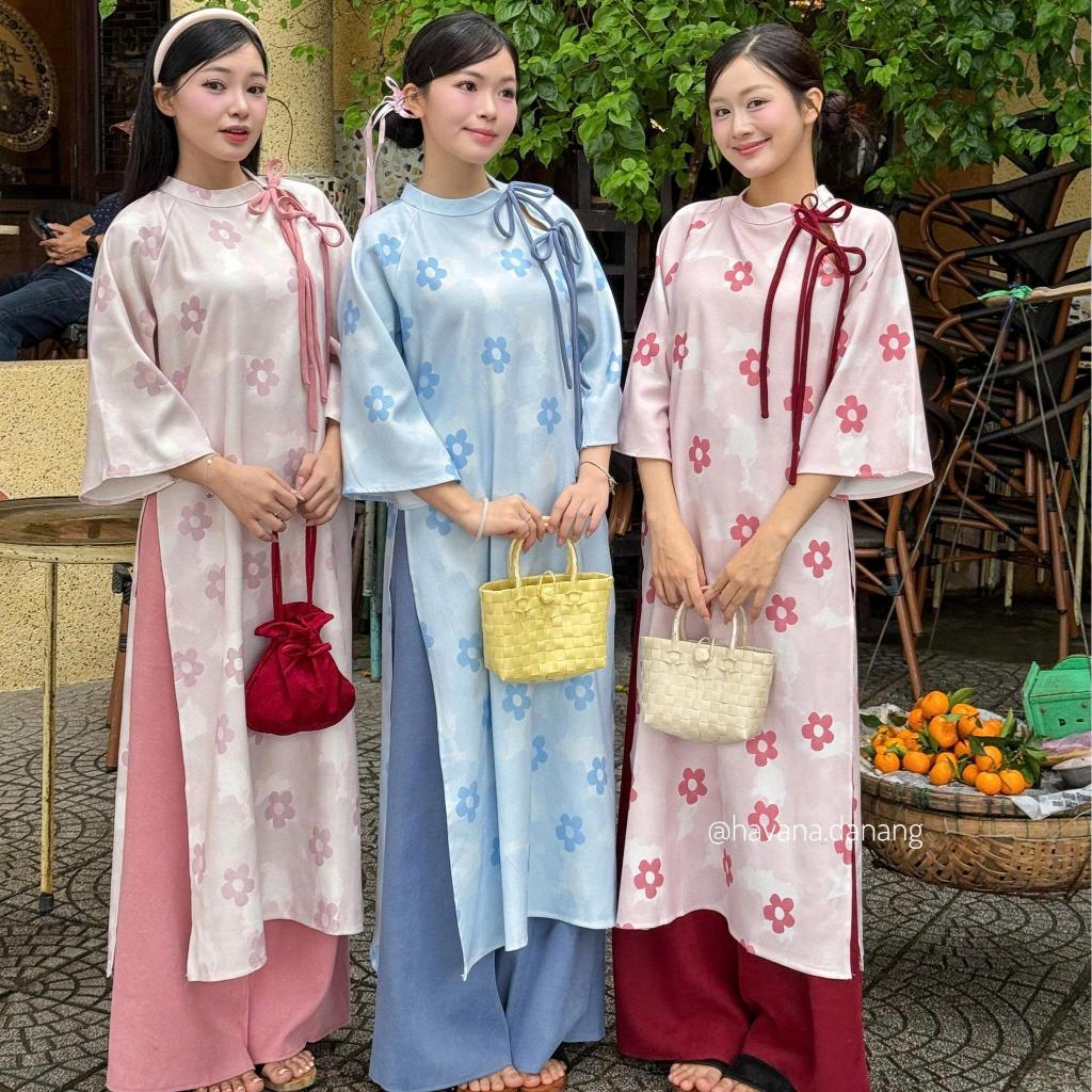 (HAVANA) CÓ BIGSIZE - Áo dài nhung chéo VẬN HÀN in hoa mai phối cutout vai thắt nơ kèm quần nhung AD227 | BigBuy360 - bigbuy360.vn