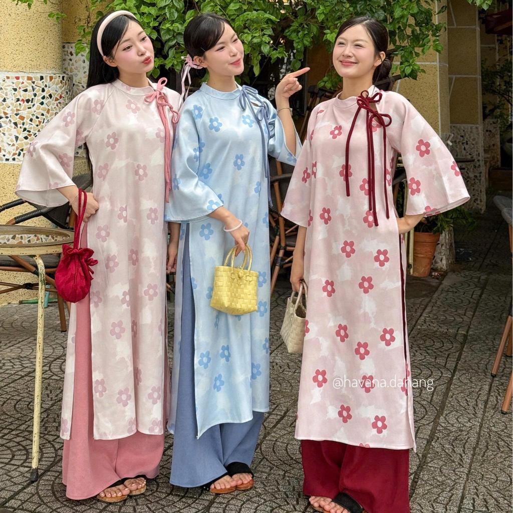 (HAVANA) CÓ BIGSIZE - Áo dài nhung chéo VẬN HÀN in hoa mai phối cutout vai thắt nơ kèm quần nhung AD227 | BigBuy360 - bigbuy360.vn
