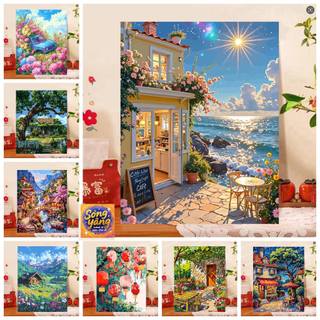SY-căng khung-32*40/40*50cm/50-60cm- TỔNG HỢP các mẫu tranh tô màu theo số PHONG CẢNH có sẵn khung, cọ vẽ, màu vẽ
