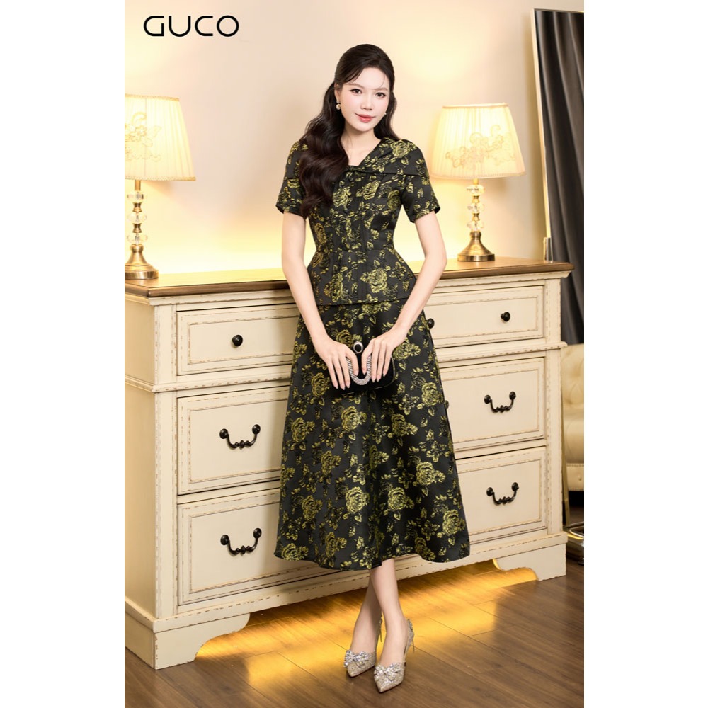 Đầm gấm hoa Guco kiểu peplum tay ngắn thời trang quý phái - 4991- Đen