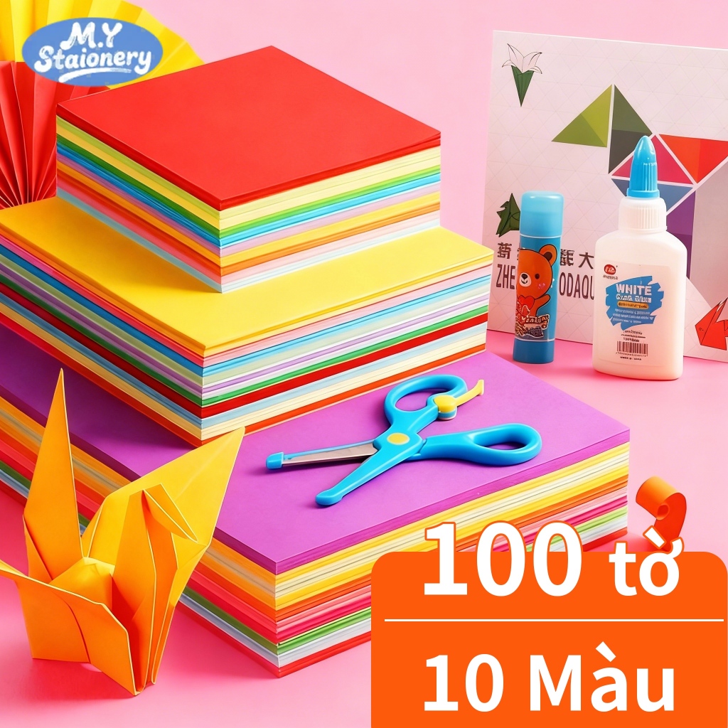 Giấy Origami Nhật Bản Cao Cấp - 100 Tờ Đủ Màu, Kèm Sách Hướng Dẫn - Dành Cho Học Sinh Trẻ Em