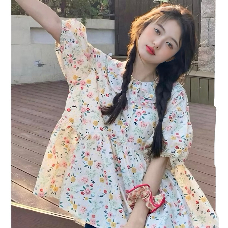 Áo Baby Doll Hoa Nhí Vintage FORM RỘNG Cổ Búp Bê, Style Japan