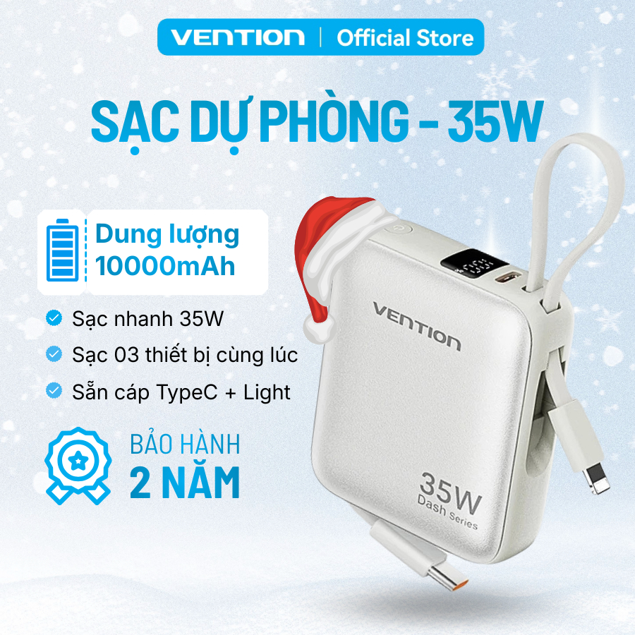 [Deal Live] Sạc dự phòng 35W 10000mAh Vention, tích hợp dây sạc Type-c và light nhỏ gọn dễ mang theo