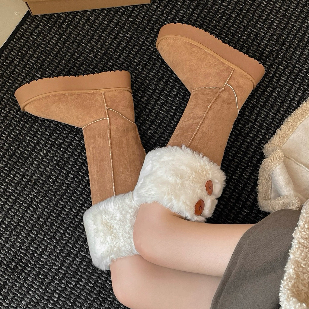 Giày nữ cổ lông , boost nữ cao cổ đế dày da lộn 2 kiểu bẻ gấu , thẳng gấu