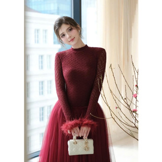 Đầm dự tiệc, váy đi dự tiệc ren cổ tròn tay dài viền lông phối chân voan lưới xòe dài thiết kế du xuân dạo phố LEVA Rose