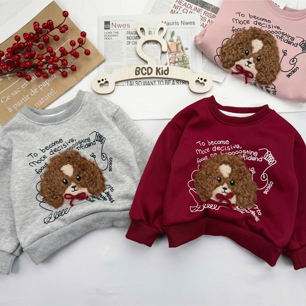 Bộ nỉ nhung dài tay cho bé gái thêu hình cún đáng yêu size 7-26kg - Hana House