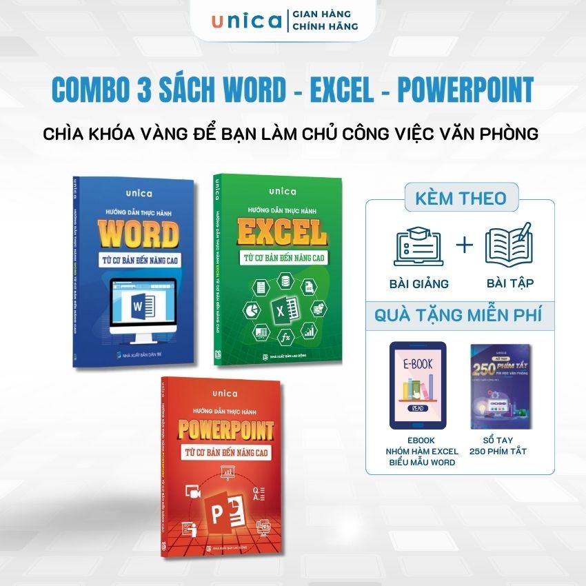 Combo 3 Sách Word - Excel - Powerpoint Unica ứng dụng tin học văn phòng từ cơ bản đến nâng cao