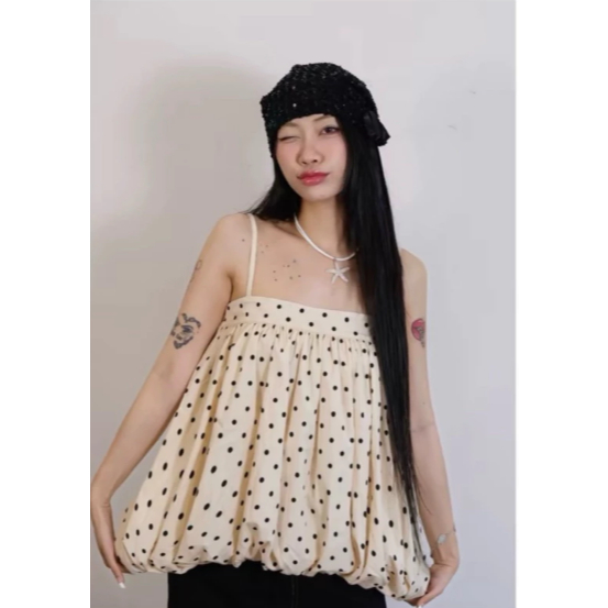 Set áo babydoll 2 dây chấm bi dáng bí bồng chuẩn form phù hợp đi chơi dự tiệc sang trọng tặng kèm buột tóc -DH STUDIO