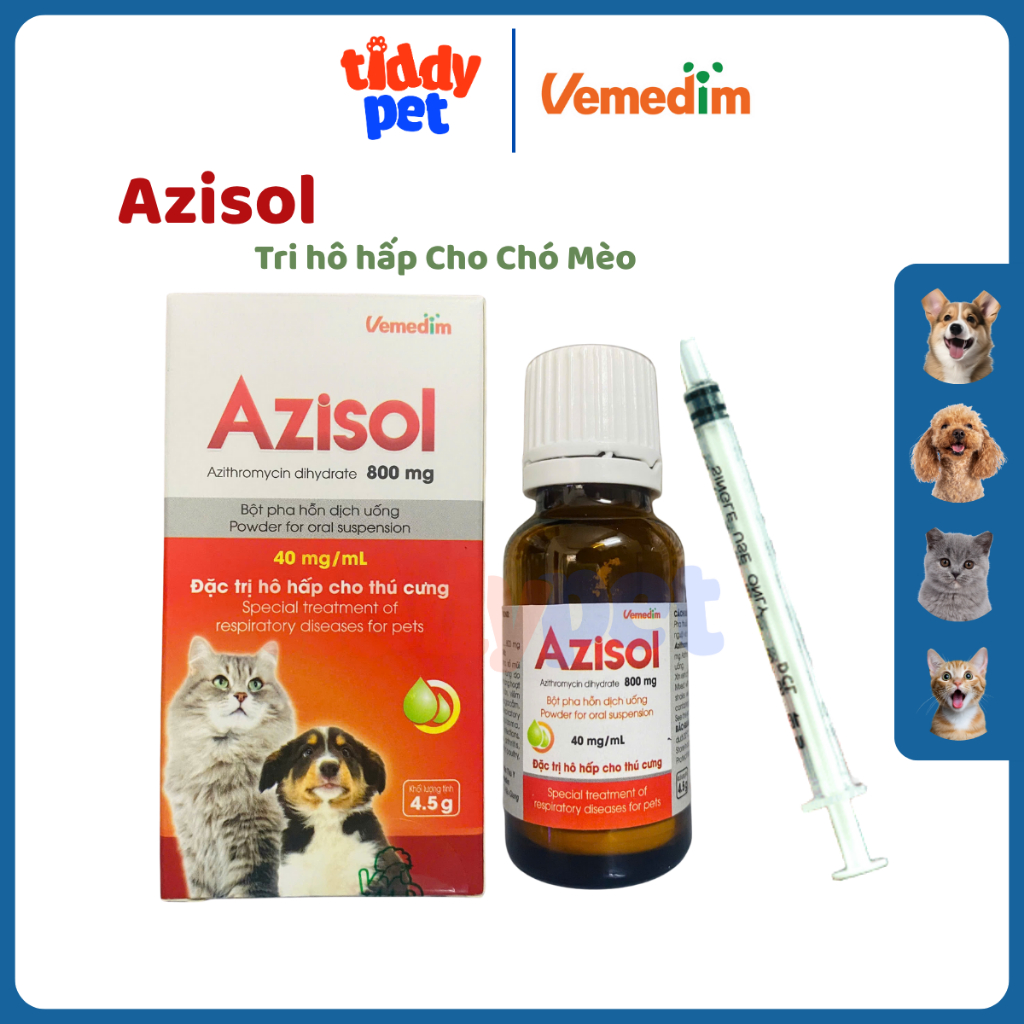 VMD AZISOL Bột Pha Uống Tri Nhiễm Khuẩn Hô Hấp, Viêm Da, Tiết Niệu Dành Cho Chó Mèo