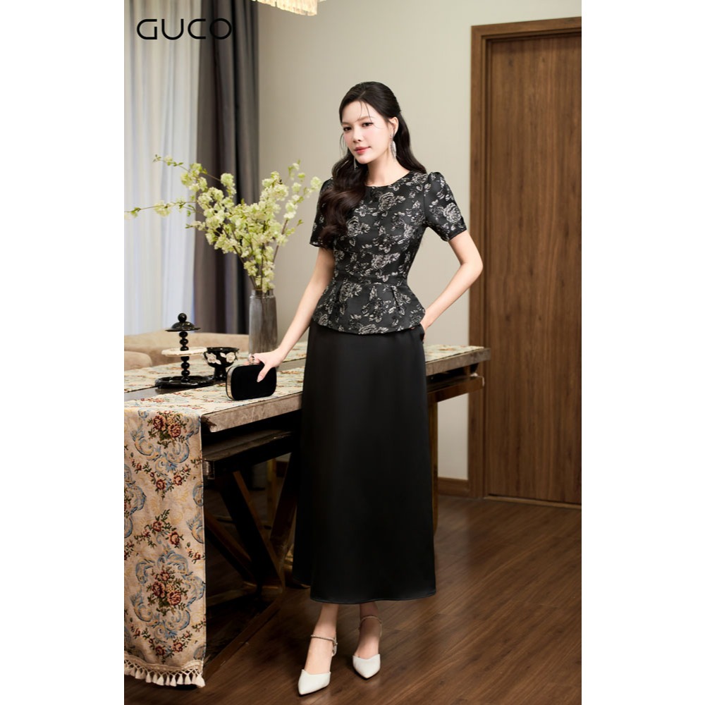 Đầm Dự Tiệc GUCO Áo Gấm Hoa Phối Tùng Đen - Đen - 5002