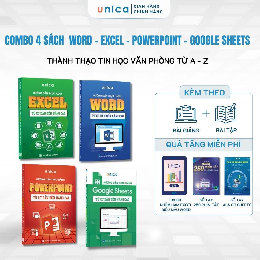 Combo 4 Sách Word - Excel - Powerpoint - Google Sheets Unica Thành Thạo Tin Học Văn Phòng Từ A-Z
