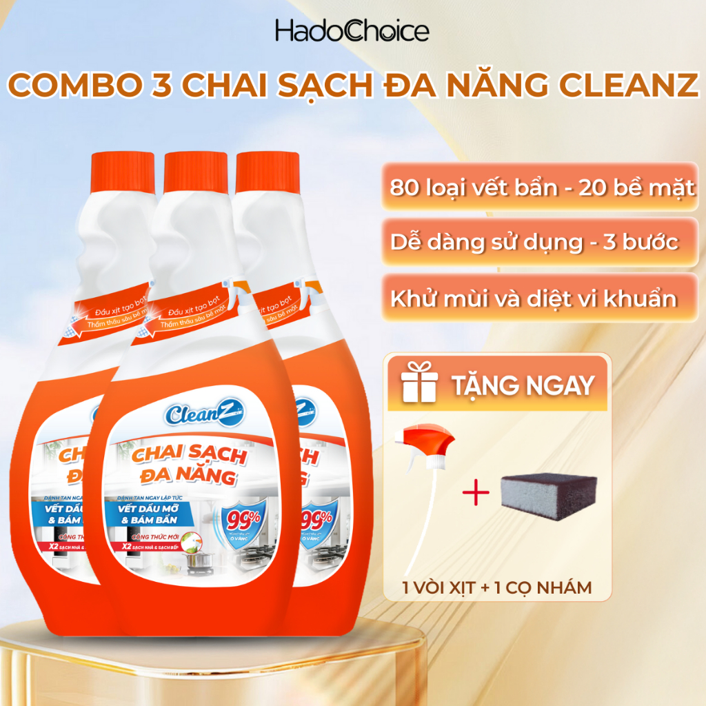 Combo 3 chai sạch đa năng nhà và bếp cleanz làm sạch dầu mỡ, vết ố vàng, hương chanh dịu nhẹ 450ml