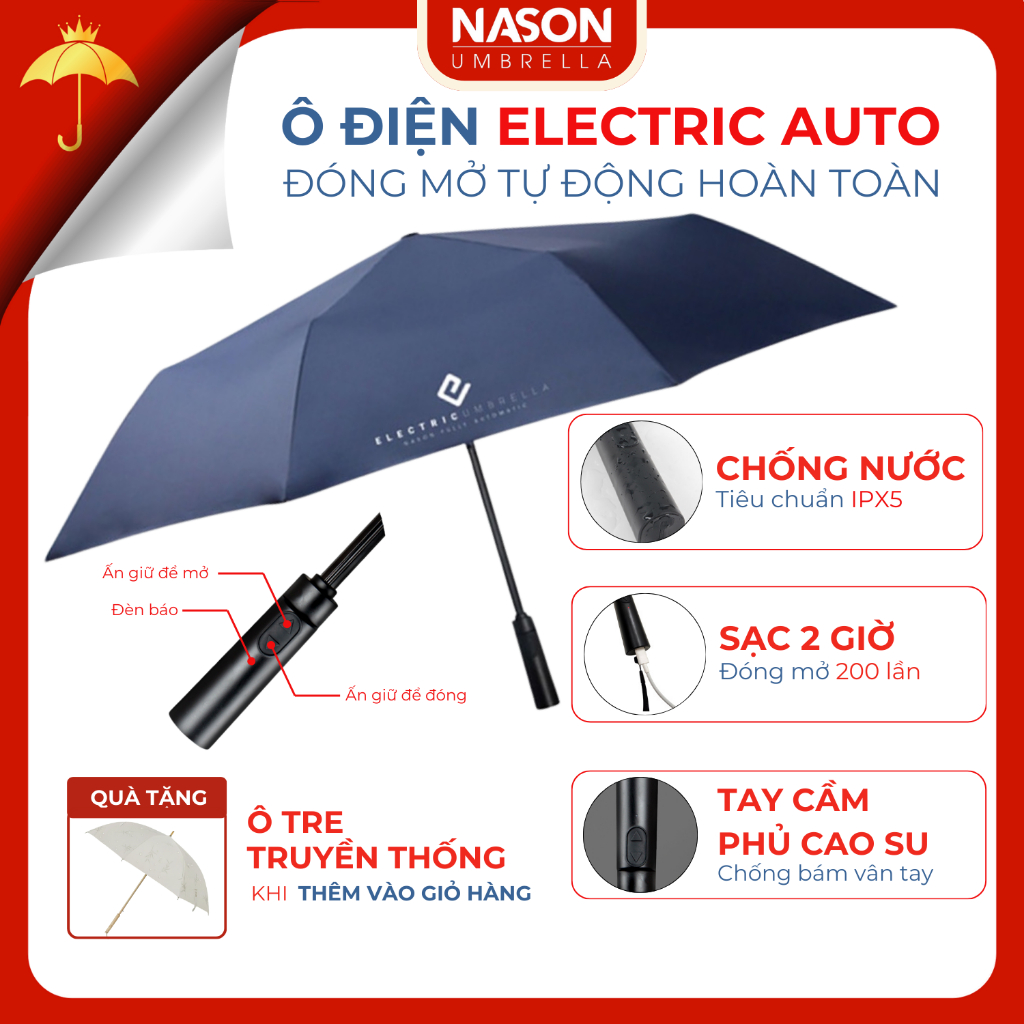 Ô dù điện thông minh Electric Auto Nason đóng mở tự động, sạc Type C, sạc 1 lần dùng 5 tháng