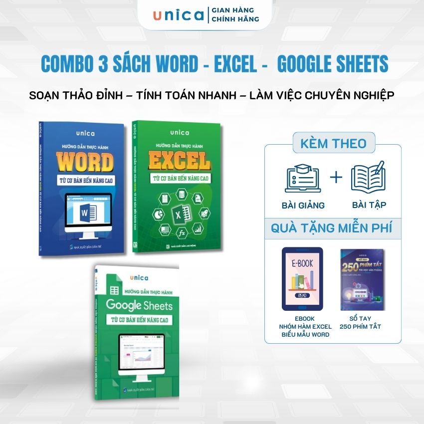 Combo 3 Sách Word - Excel - Google Sheets Unica hướng dẫn thực hành tin học văn phòng kèm bài giảng