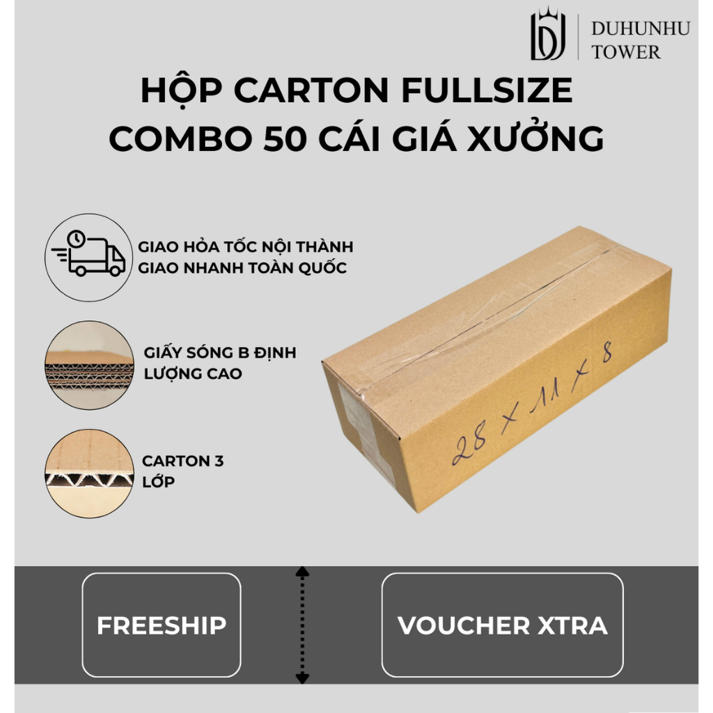 Combo 50 thùng carton 28x11x8 cao cấp giá xưởng, thùng carton ship cod giá rẻ