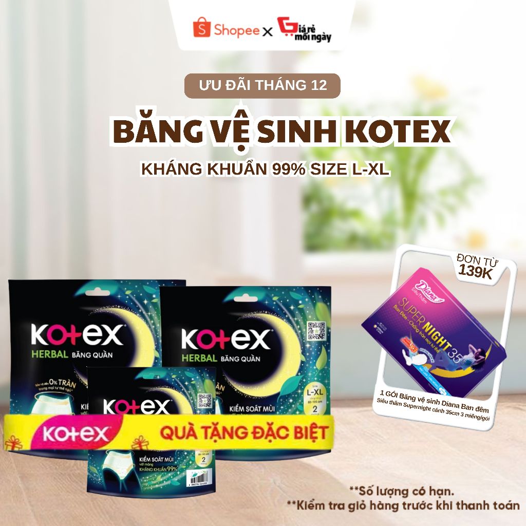 BĂNG VỆ SINH DẠNG QUẦN KOTEX HERBAL- 2 MIẾNG SIZE (L-XL)