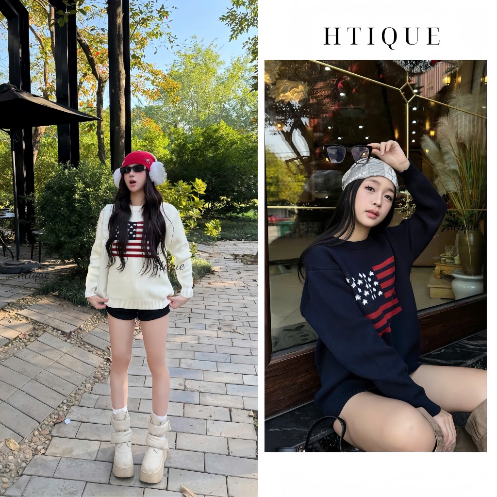 HTIQUE - DEAL mở bán Áo len sweater cổ tròn basic họa tiết phối màu đỏ–trắng–xanh, Áo len dệt kim tạ