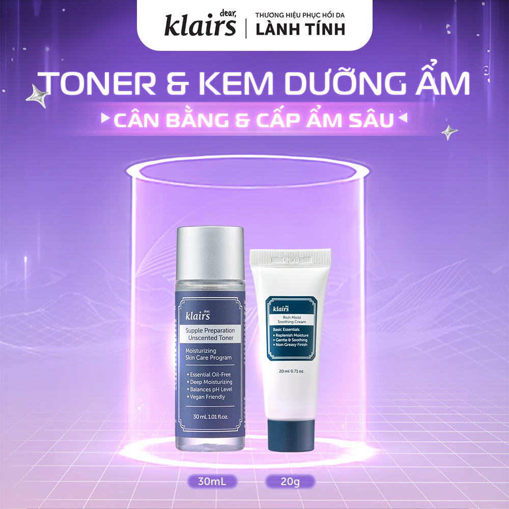 Combo Nước hoa hồng Dear, Klairs Toner 30ml + Kem dưỡng Dear, Klairs Rich Moist Soothing Cream 20g
