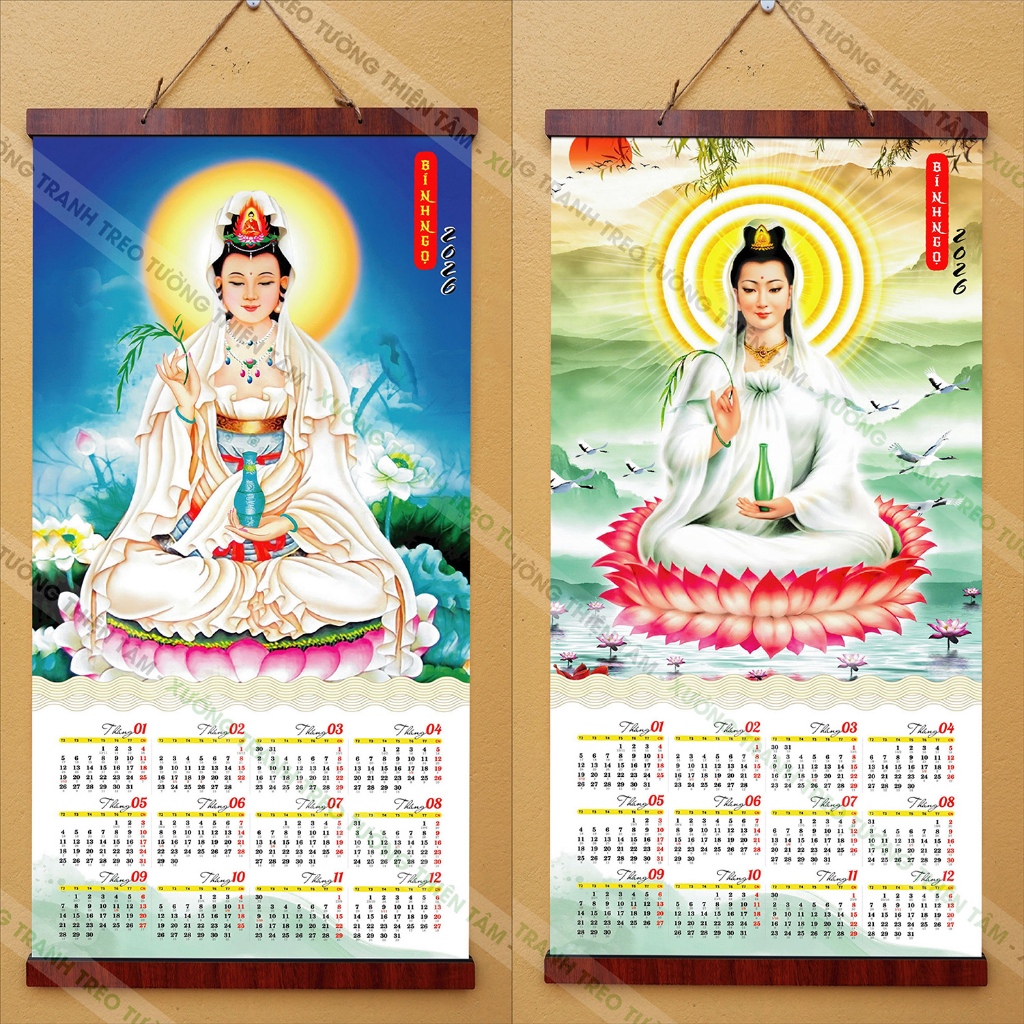 Tranh Lịch treo tường Quan Âm Bồ Tát 40x80cm bằng vải, nẹp gỗ 2 đầu (có ngày âm lịch)
